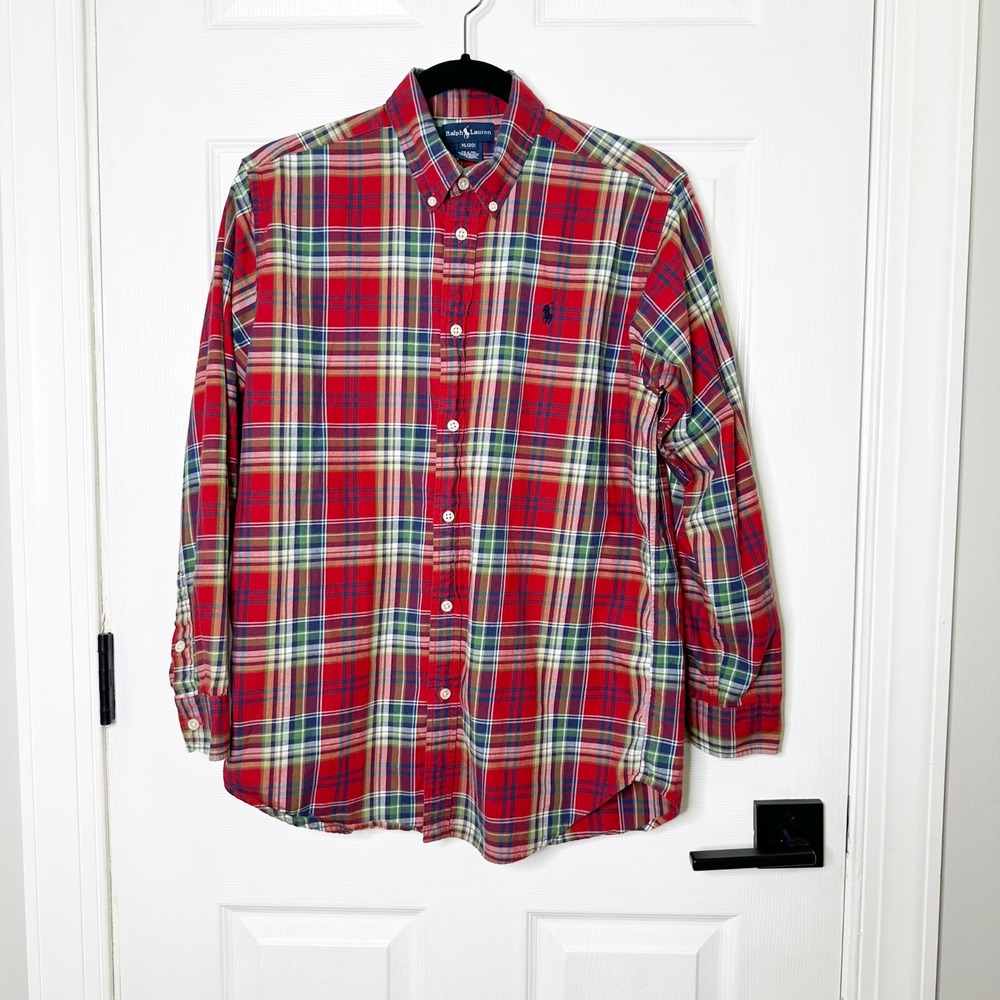 Ralph Lauren Red Plaid Button Down Boys‎ XL 20 Red Excellent Long Sleeve Preppy